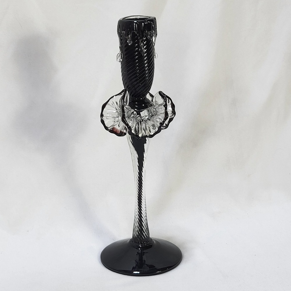 Hand Blown Black Clear Swirl Glass Candlestick Holder Ruffle Drip Detail 10.75"